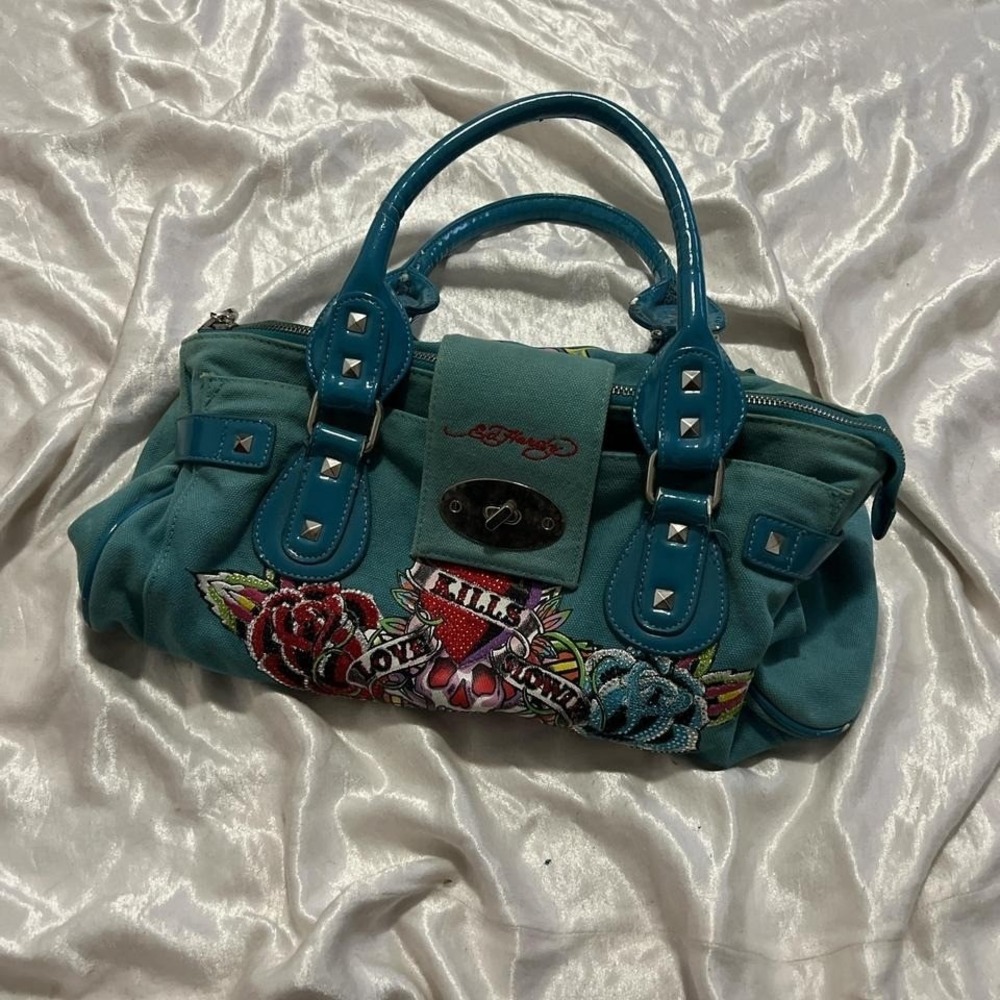 Vintage Y2K Ed Hardy by Christian Audigier Canvas Handbag Studs Grunge Punk